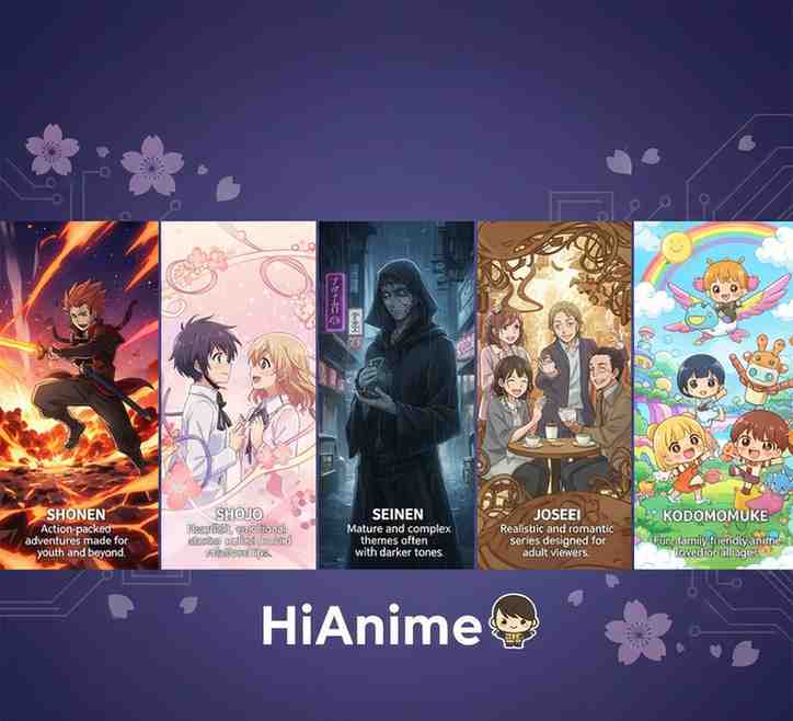 HiAnime platform visual guide showcasing diverse anime genres: action-packed Shonen, romantic Shojo, mature Seinen, realistic Josei, and family-friendly Kodomomuke.