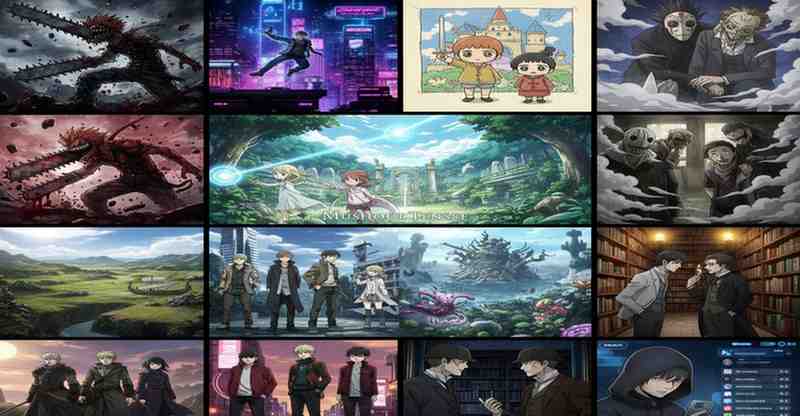 A collage of stills from various seinen anime series (e.g., action, supernatural, mystery, fantasy), featuring dark heroes, urban fantasy scenes, and mature storytelling.