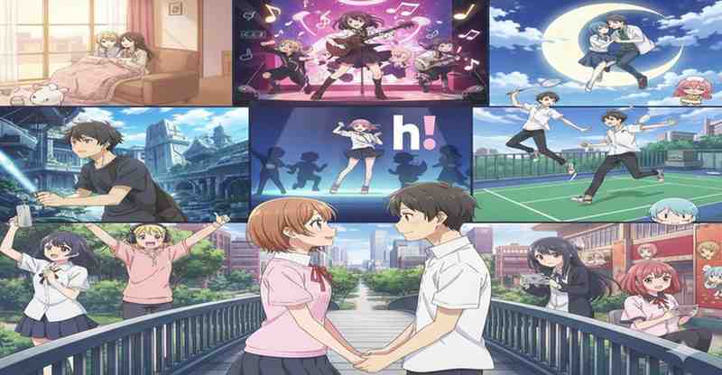 Collage of scenes from a slice-of-life or shojo anime, showing characters in various activities like romance, music, sports, and casual life.