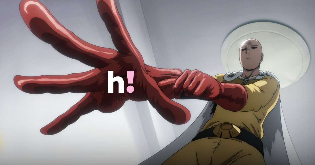 Saitama from One-Punch Man wearing red gloves and extending a giant, red, exaggerated hand towards the viewer with "h!" text in the center, HiAnime.