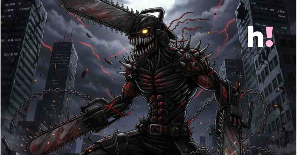 Chainsaw Man anime key art featuring Denji in his Full Devil form, covered in chains and spikes with chainsaws for a head and arms, set against a dark, destroyed cityscape.