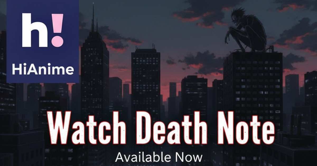Promotional image for 'Watch Death Note on HiAnime' featuring the HiAnime logo and Ryuk on a rooftop.