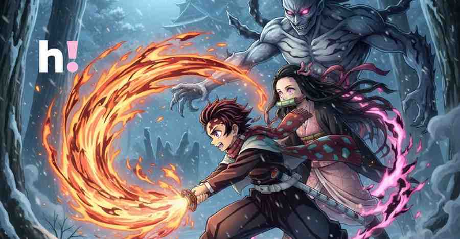 Illustration for Demon Slayer showing Tanjiro and Nezuko fighting a demon. (Image includes the HiAnime logo).