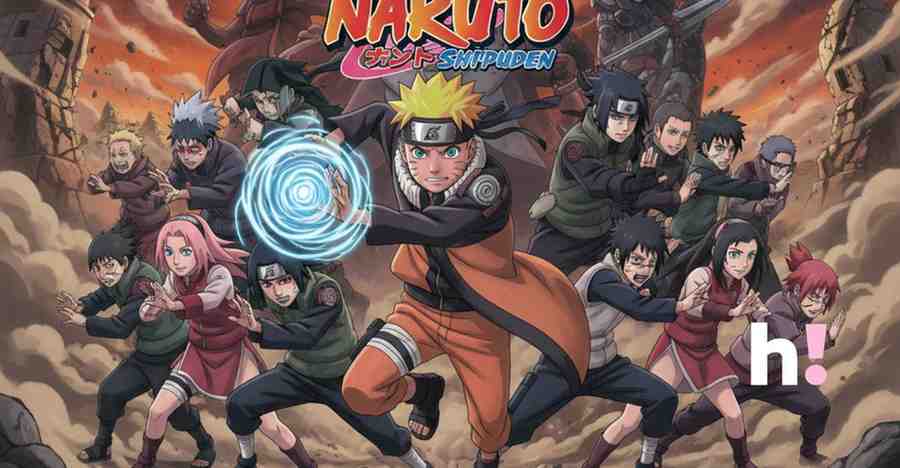 Promotional art showing the main cast of Naruto: Shippuden. Naruto Uzumaki is centered, activating a Rasengan. Team 7, Team Guy, and other supporting characters are positioned dynamically around him. The 'h!' HiAnime logo is in the bottom right corner.