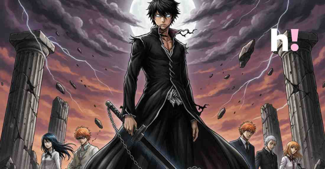Bleach anime main characters illustration, including Ichigo Kurosaki with Zangetsu sword, Rukia Kuchiki, and other Soul Reapers, against a dark, dramatic sky with a full moon and lightning.
