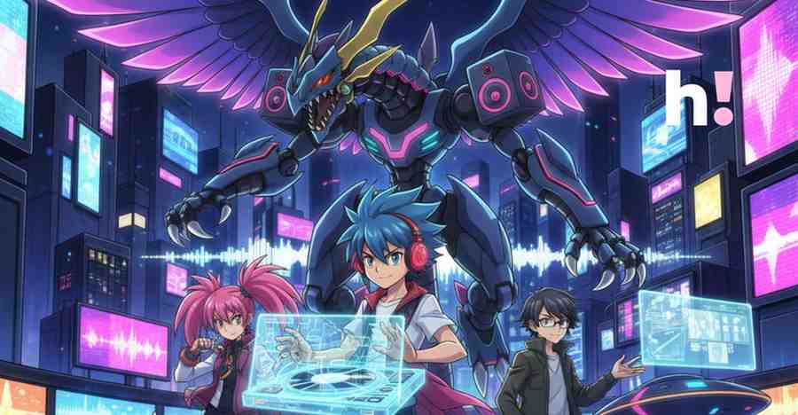 Digimon Beatbreak anime poster featuring three main characters (two boys and a girl) with a large, winged, dark blue and pink Digimon monster with speakers on its shoulders, set against a cyberpunk cityscape with digital screens and audio waveforms.