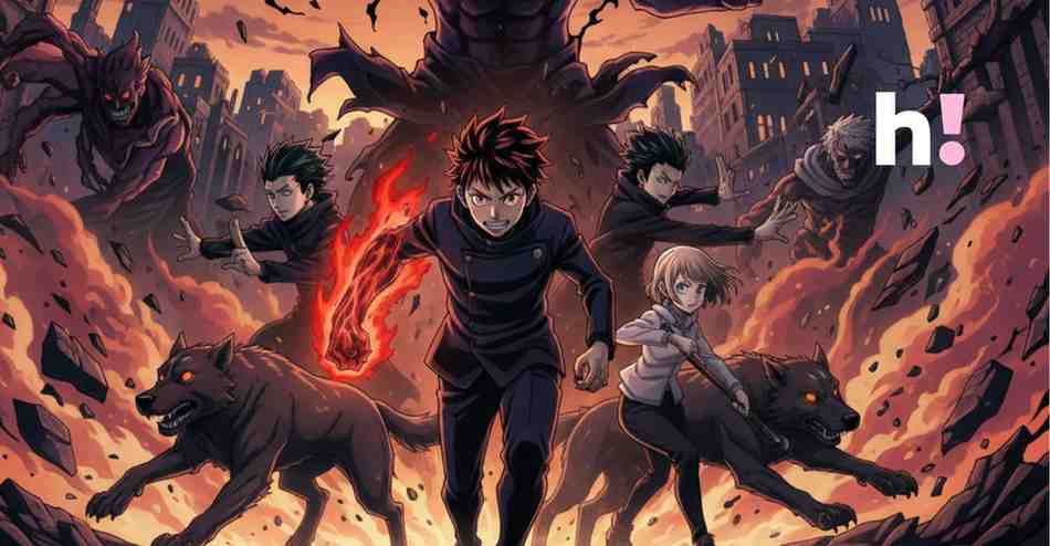 Jujutsu Kaisen anime key art showing Yuji Itadori with a fiery arm, surrounded by Megumi Fushiguro summoning his divine dogs, Nobara Kugisaki, and Satoru Gojo, set against a dark, destroyed cityscape with large Curses.