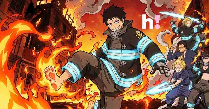 Promotional key art for the Fire Force anime featuring Shinra Kusakabe with flames emitting from his feet, surrounded by members of Special Fire Force Company 8 against a backdrop of a burning building.