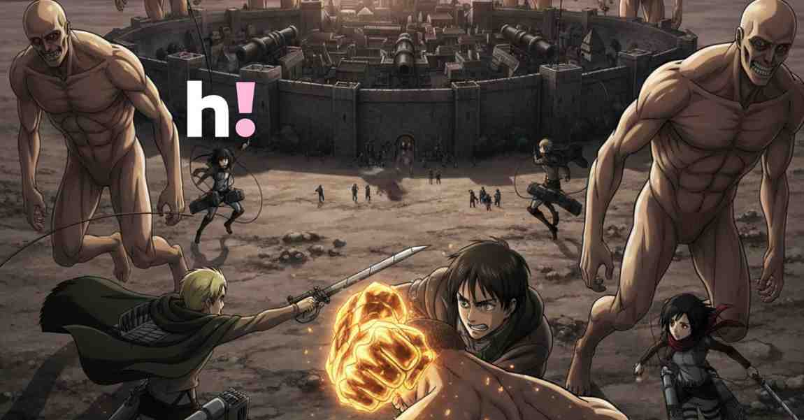 An action-packed Attack on Titan illustration featuring Eren Yeager, Mikasa Ackerman, and other Survey Corps members in a high-stakes battle against multiple towering Titans outside a walled city at sunset.