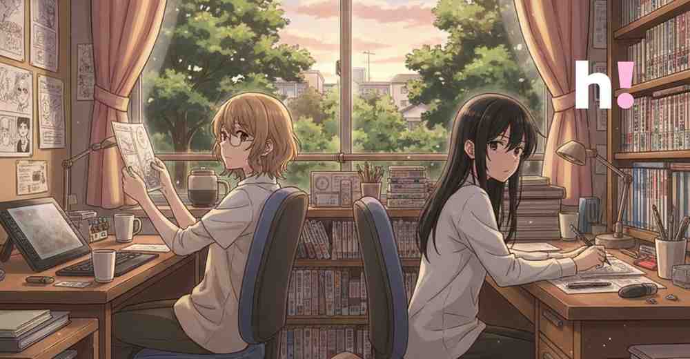 Gemini said An evocative illustration for the anime Look Back, depicting two young female artists working diligently at their respective desks in a cozy, sunlit room.