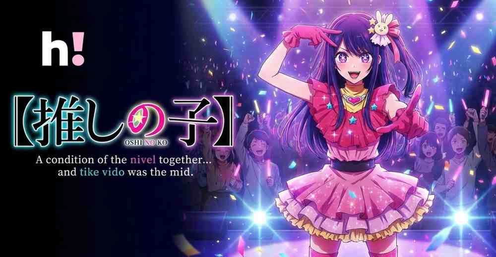 Promotional banner for the Oshi no Ko anime featuring the idol Ai Hoshino performing on a brightly lit stage in a pink ruffled outfit. The background shows a cheering crowd with glow sticks, the "Oshi no Ko" logo in the center-left, and an "HiAnime" streaming logo in the top left corner.