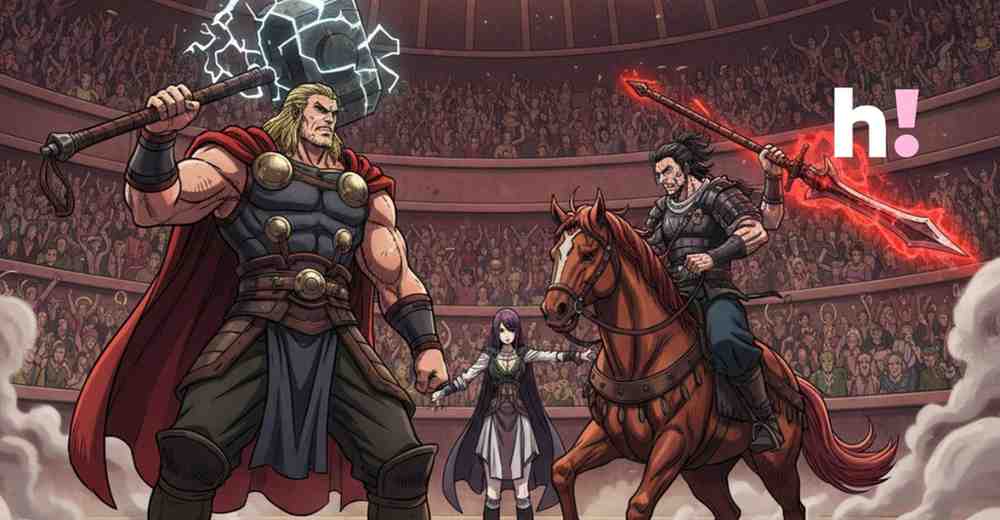 Gemini said An action-packed illustration for the anime Record of Ragnarok, featuring a dramatic confrontation in a crowded gladiator-style arena.