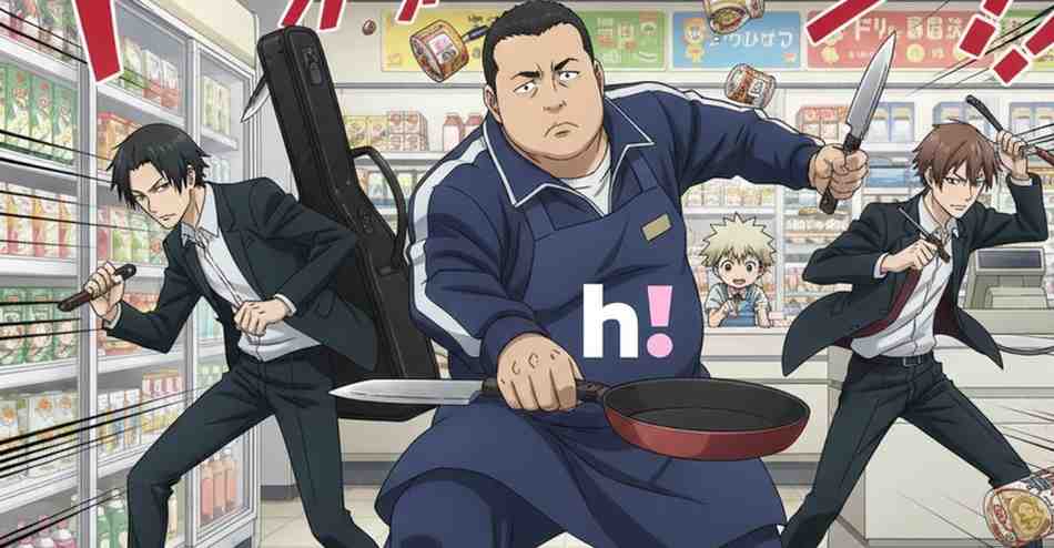 Characters from Sakamoto Days in a dynamic battle pose inside a grocery store, holding weapons like knives and a guitar case, with a "HiAnime" logo overlay.