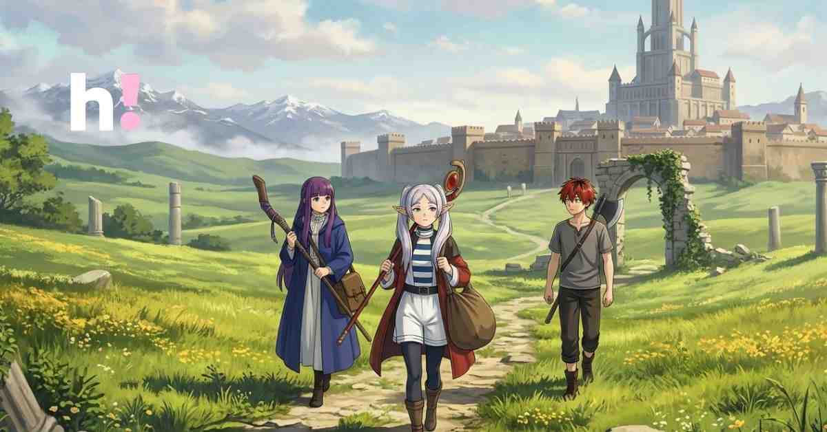 Anime characters Frieren, Fern, and Stark walking along a stone path toward a large castle in a lush green valley.