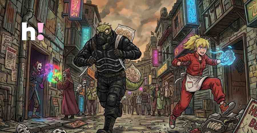 Dorohedoro anime illustration featuring Caiman in a gas mask and Nikaido running through the gritty streets of The Hole