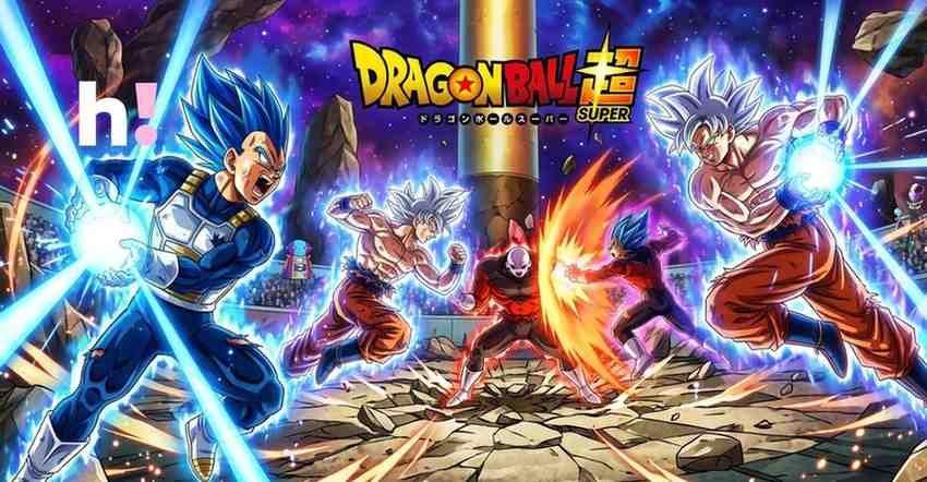 An action-packed Dragon Ball Super illustration featuring Goku in Ultra Instinct and Vegeta in Super Saiyan Blue charging energy blasts. In the center, Jiren stands firm against an onslaught amidst a cosmic arena background with the series logo at the top.