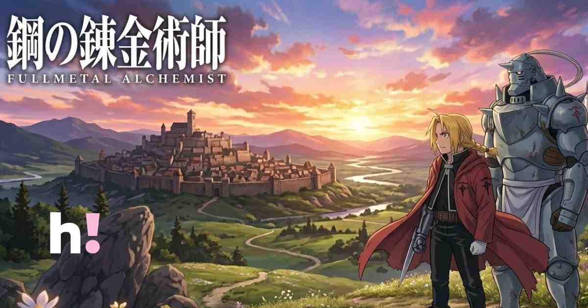 Fullmetal Alchemist: Brotherhood anime illustration featuring Edward and Alphonse Elric overlooking a kingdom at sunset