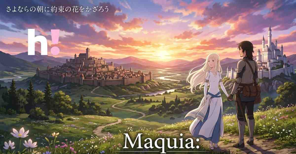 Anime illustration for Maquia: When the Promised Flower Blooms featuring Maquia and Ariel overlooking a kingdom at sunset