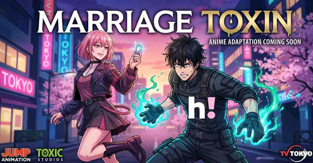 Marriage Toxin anime adaptation banner featuring Gero and Kinosaki in a Tokyo street setting with hianime logo.
