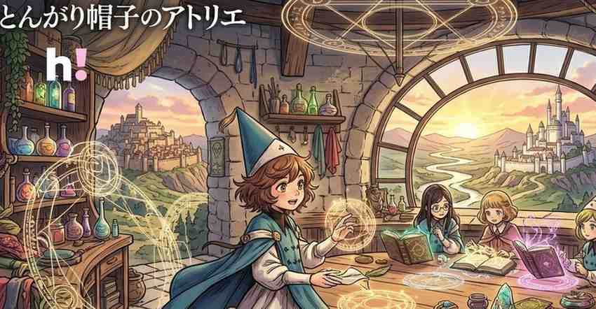 Witch Hat Atelier anime illustration of Coco and apprentices practicing magic in an atelier overlooking a fantasy kingdom